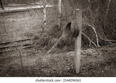 On A Concrete Fence Post Hangs A Roll Of Winding Wire