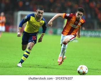 On December 9, 2014, In Istanbul Türk Telekom Arena Stadium, Galatasaray Football Team Lost To Arsenal Team 4-1 In The Champions League. (L) Alex Oxlade Chamberlain, Alex Telles