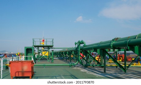 On Deck of chemical tanker ship with pipe line connection while the ship is at sea Piping system, pumps on board of tanker
