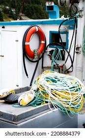 On Deck Of A East Coast Fishing Boat With Safety Gear And Fishing Ropes In Newfoundland.