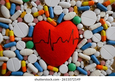 On a flat surface lies a red decorative heart with a cardiogram drawn on it, surrounded by various medical preparations in the form of tablets and capsules.