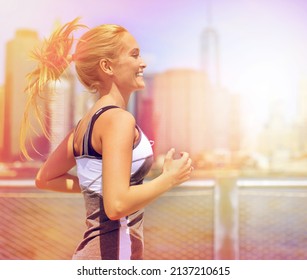 On A Fun Run In The City. Shot Of An Attractive Woman Running On A Promenade.