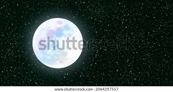 On the galaxy background, there is a full moon and a lot\
of stars 