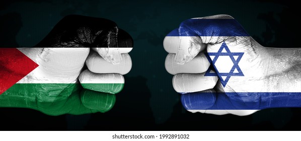 On Going Conflict And Tension Between Two Countries Palestine And Israel Represented With Flags Painted On Fist