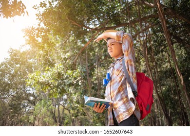 On Holidays, Asian Boys Aged 6 To 8 Years Wear A Red Backpack. Wearing A Long Sleeved Shirt. Are Doing Long-distance Activities For Outdoor Adventures In The Forest, Outdoor Adventure Concept