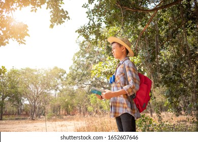 On Holidays, Asian Boys Aged 6 To 8 Years Wear A Red Backpack. Wearing A Long Sleeved Shirt. Are Doing Long-distance Activities For Outdoor Adventures In The Forest, Outdoor Adventure Concept