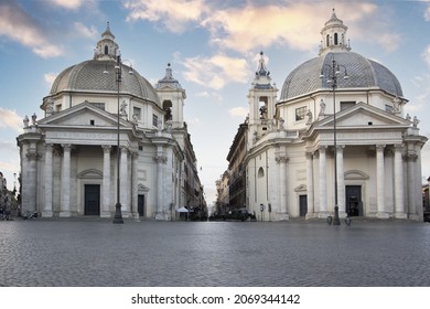 On the left, Santa Maria in Montesanto; right, Santa Maria dei Miracoli, in Piazza del Popolo in Rome, Italy. It is the main place of strikes or celebrations in Italy.