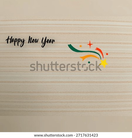 On the left side, there is the text “Happy New Year” written in a black handwritten-style font. The background is light beige with soft horizontal lines that resemble wood grain or natural papertextur