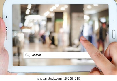 On line shopping on tablet screen, business, E-commerce, technology and digital marketing background