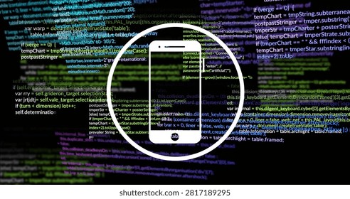 On load smartphone silhouette adding speaker slot and home button as code lines shifting for reveal. Device, icon, circle, minimal, digital, parallax, motion