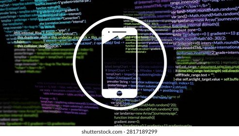 On load smartphone silhouette adding speaker slot and home button as code lines shifting for reveal. Device, icon, circle, minimal, digital, parallax, motion