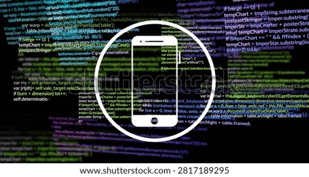 On load smartphone silhouette adding speaker slot and home button as code lines shifting for reveal. Device, icon, circle, minimal, digital, parallax, motion