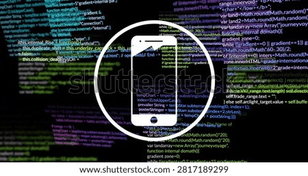 On load smartphone silhouette adding speaker slot and home button as code lines shifting for reveal. Device, icon, circle, minimal, digital, parallax, motion