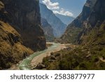 On the Manaslu and Tsum Trek in Nepal, you hike through the narrow gorge of the Budhi Gandaki River.