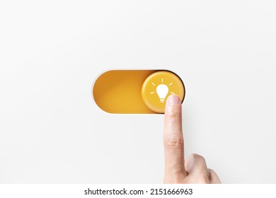 On and off toggle switch buttons with idea light bulb icon, Creative and idea sign, solution, thinking concept. Hand of woman turn on sign of innovation and success, 3D rendering. - Shutterstock ID 2151666963