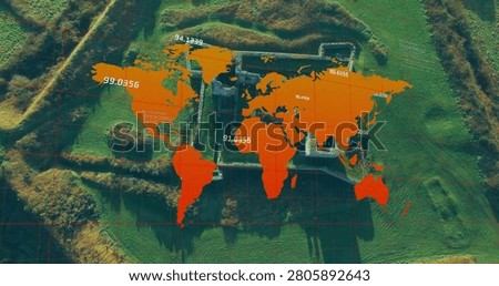 On playback orange map centering over fortress, fading in, revealing numeric labels for mapping. Aerial, overlay, ruin, castle, world, countryside, ridge