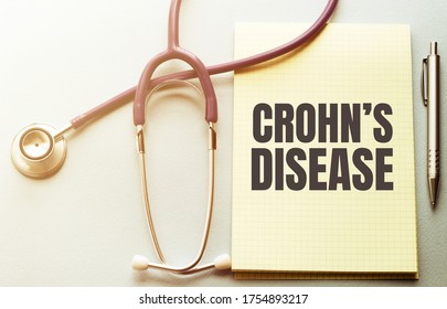 On A Purple Background A Stethoscope And Pen With Yellow List With Text CROHNS DISEASE