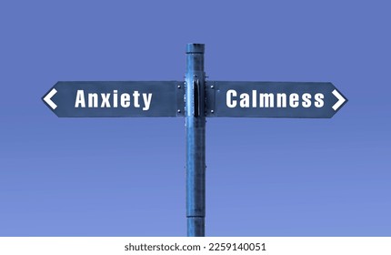 On a road sign, the words "Anxiety and Calmness" against the sky - Shutterstock ID 2259140051