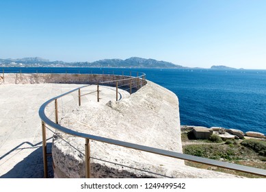 On the roof of Chateau d'If castle, Marseille, France. The Château d'If is a fortress famous for being one of the settings of Alexandre Dumas' adventure novel The Count of Monte Cristo.