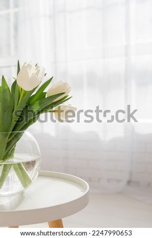 On round wooden table stands glass vase with a bouquet of white tulips. Airy, light interior in bright colors. Freshness, purity of natural colors. Spring time. Flowers for a holiday, mood. Copy space