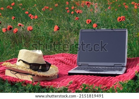 On the rug lies a laptop, a book and a straw hat with glasses in a field with poppies.