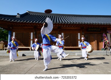 On September 28, 2017, The samulnori troupe is performing a celebration at Wanpanbon Culture Center in Jeonju, South Korea.
