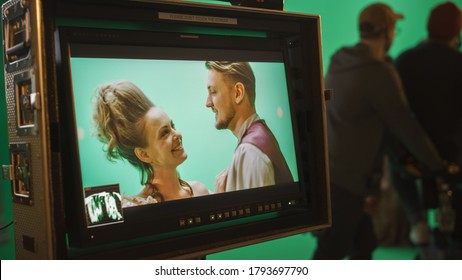 On Set Display Showing: Green Screen Scene With Two Actors Talented Wearing Renaissance Costumes Doing Romantic Drama Dialogue. Film Studio Professional Crew Shooting Historical Costume Drama Movie