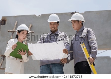 On site at construction site. Building structure. Civil engineer. Team of construction engineer discuss on site, planning working of building structure and architecture in construction site
