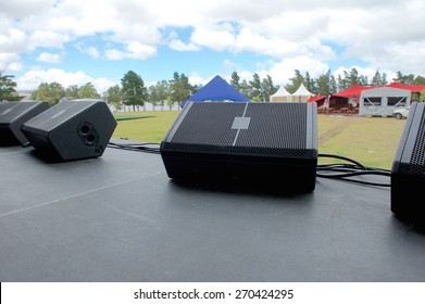 On Stage Before Music Festival. Black Speaker Monitors