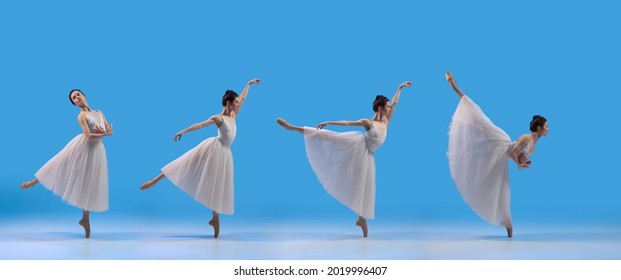 On tips of toes. Development of movements of one beautiful ballerina dancing isolated on blue background. Female dancers in ballet dress, tutu. Concept of art, beauty, aspiration, creativity.