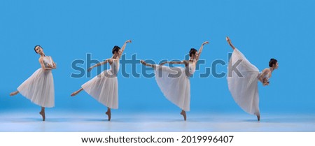On tips of toes. Development of movements of one beautiful ballerina dancing isolated on blue background. Female dancers in ballet dress, tutu. Concept of art, beauty, aspiration, creativity.