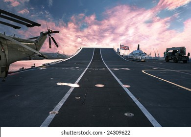 On Top Of HMS Ark Royal Aircraft Carrier And Flagship Of The British Royal Navy At Sunset