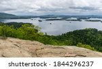 On top of West Rattlesnake Mountain, view of Squam Lake, Sandwich, New Hampshire, USA	