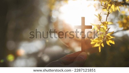 On a warm spring day with strong sunlight, he is holding yellow forsythia flowers and buds and the Holy Cross of Jesus Christ in his hand.
