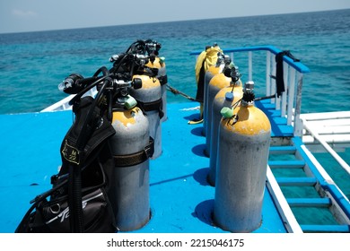 On The Way To The Diving Site In Bohol, Philippines, Diving Equipment On Board And Fellow Teammates