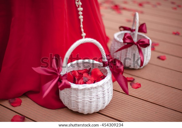 On Wedding Decoration Terrace White Basket Stock Photo Edit Now