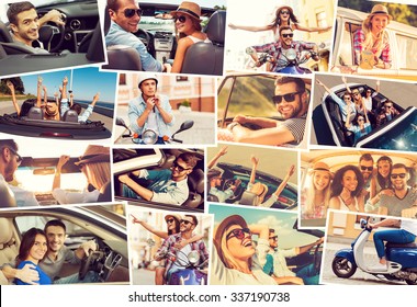 On The Wheels. Collage Of Diverse Young People In The Car Or Mopeds Expressing Positive Emotions While Riding 