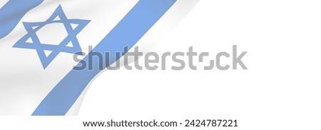 On a white background 21:9 flag of Israel. Banner for website, desktop, wallpaper, copy space for text and advertising, blank, empty, white, free space