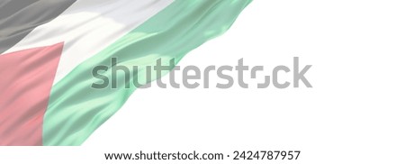 On a white background 21:9 flag of Palestine. Banner for website, desktop, wallpaper, copy space for text and advertising, blank, empty, white, free space