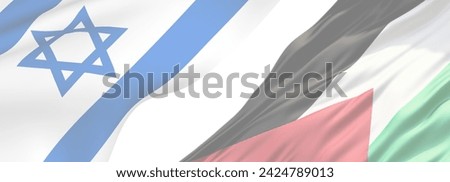 On a white background 21:9 flag of Israel and Palestine. Banner for website, desktop, wallpaper, copy space for text and advertising, blank, empty, white, free space