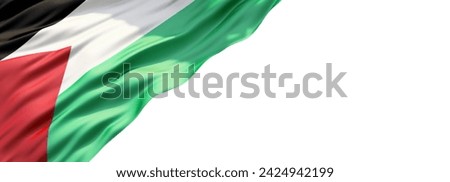 On a white background 21:9 flag of Palestine. Banner for website, desktop, wallpaper, copy space for text and advertising, blank, empty, white, free space
