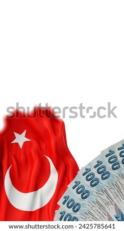 On a white background 21:9 Turkish flag and fan of 100 turkish lira notes. Banner for website, desktop, wallpaper, copy space for text and advertising, blank, empty, white, free space