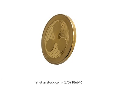 On a white background with free space for text is isolated gold coin of a digital crypto currency - riple