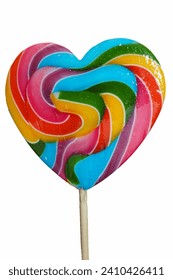 On a white background, a large multi-colored heart-shaped lollipop . sweets. a lot of calories