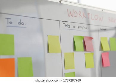 On white board multicolored stickers with business tasks are glued. Workflow concept - Shutterstock ID 1787297969