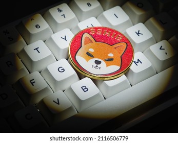 On The White Keyboard Of A Personal Computer, A Laptop, A Popular Cryptocurrency Is A Shiba Inu Coin. Virtual Money, Risk, E-commerce, E-wallet, Economy, Energy Saving, Ecology.