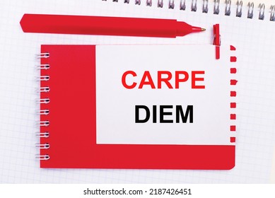 On a white notepad, a red pen, a red notepad and a white sheet of paper with the text CARPE DIEM