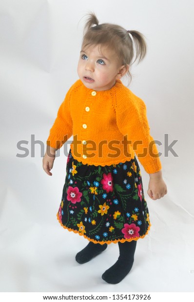 On Orange Sweater Blonde Greeneyed Hairbuckled Stock Photo Edit