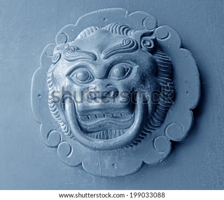 On the wooden door knocker in the shape of a lion features 