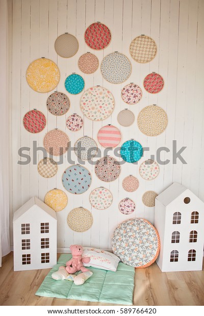 On Wooden Wall Weigh Multicolored Circles Stock Photo Edit Now